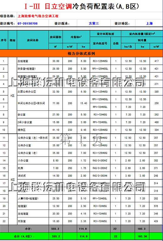 上海致维电气日立空调配置表